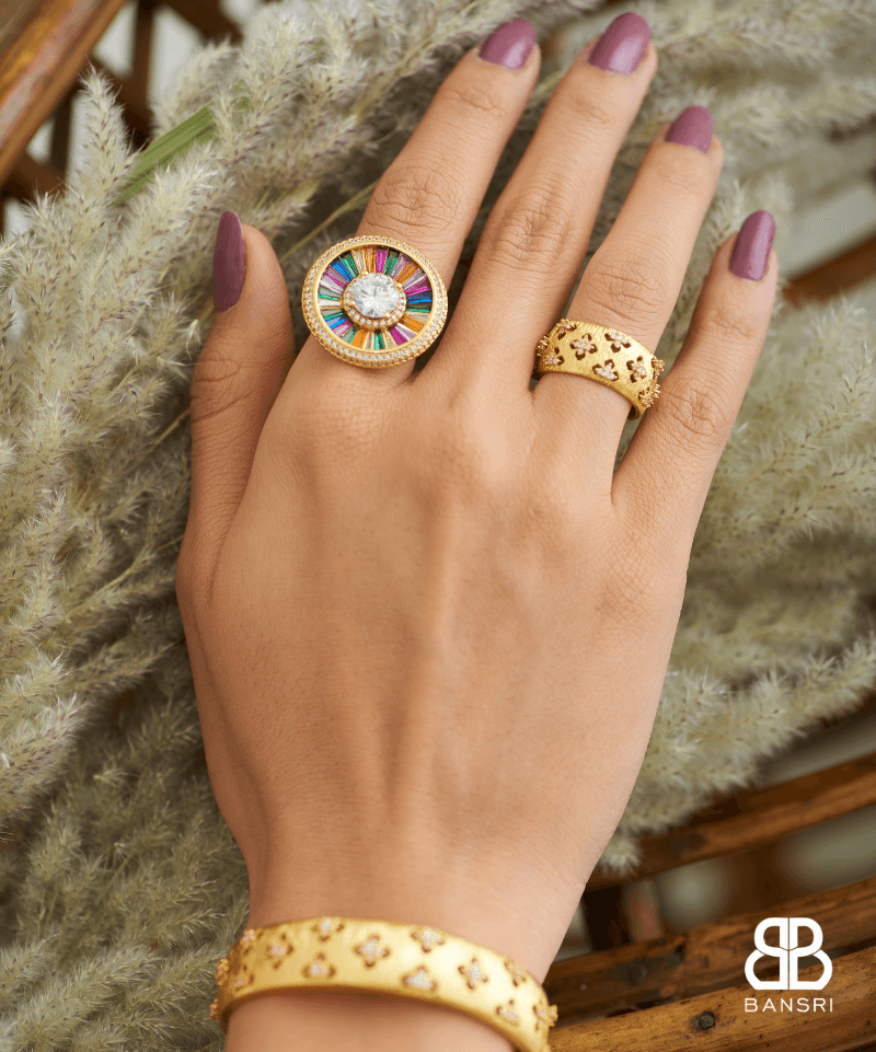 Rainbow Crystal Solitaire Disc Statement Ring - Bansri Mehta Design