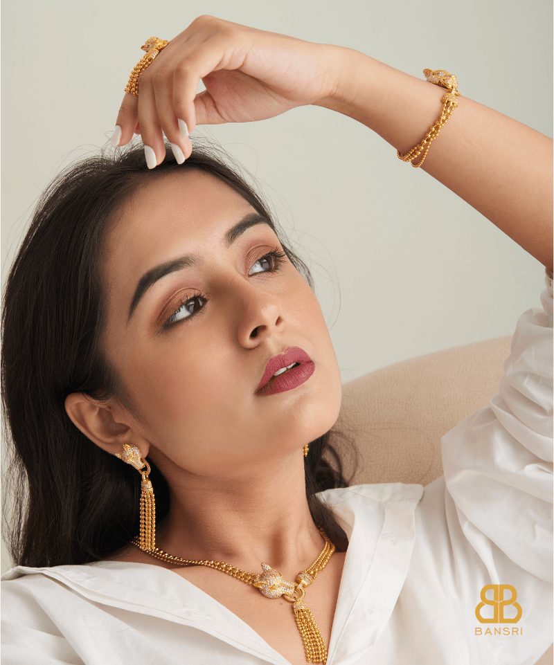 Gold Panther Beaded Necklace, Earring, Bracelet & Ring Set - Bansri Mehta Design