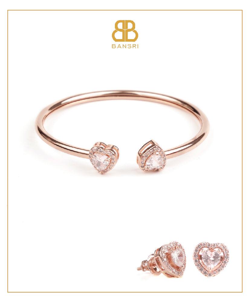 Heart Double Solitaire Flexi Bangle Bracelet & Stud Earrings Set - Bansri Mehta Design