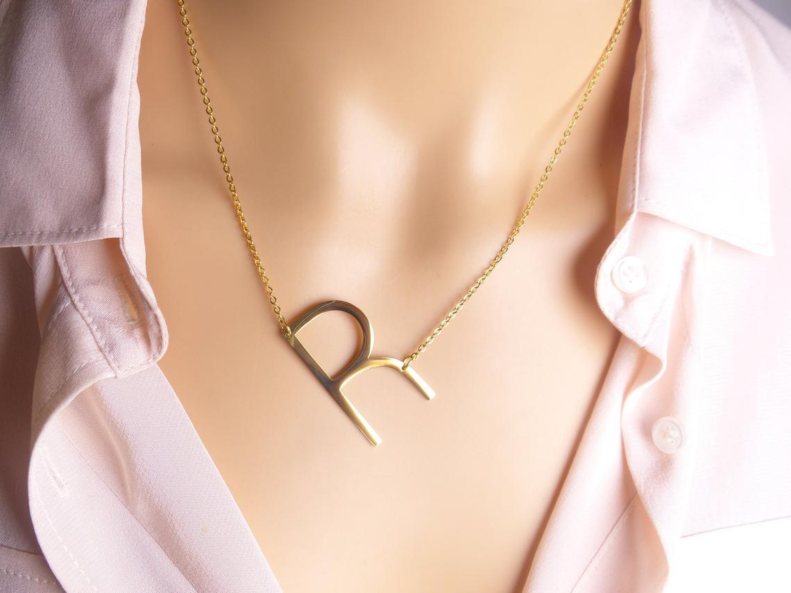 Sideway Big Initial 18k Gold Plated A-Z Pendant Necklace - Bansri Mehta Design