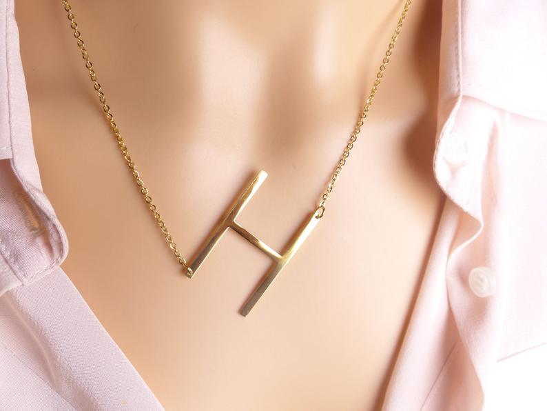 Sideway Big Initial 18k Gold Plated A-Z Pendant Necklace - Bansri Mehta Design