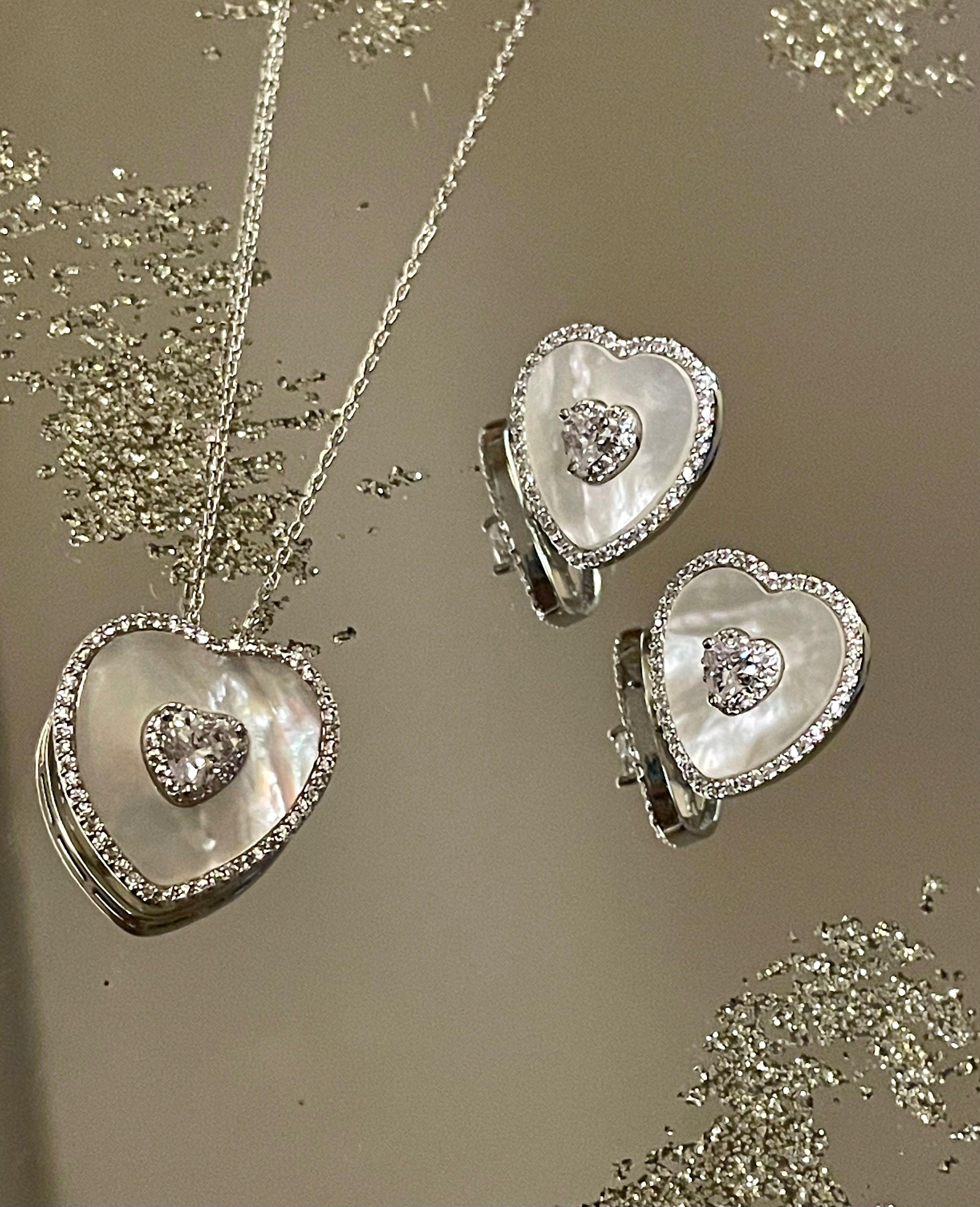 Mother of Pearl Heart Solitaire Necklace & Earring Set - Bansri Mehta Design
